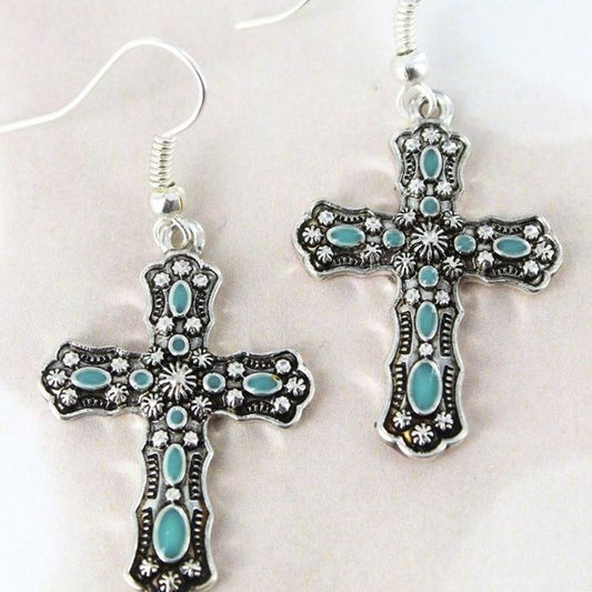 ANTIQUE SILVERTONE AND TURQUOISE CROSS EARRINGS